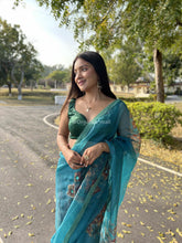 White Pearl Work Pure Organza Blue Saree